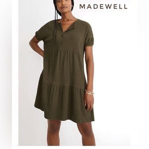 New! Madewell (Re)sourced Crinkle Knit Tiered Mini Dress Size XL Olive Green